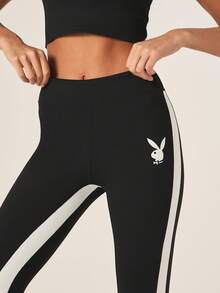 Missguided x Playboy Quần legging thể thao cạp cao dành cho nữ, có sọc bên hông và in logo, màu đen trắng, thích hợp cho tập luyện. - Đen và trắng - Xem 4