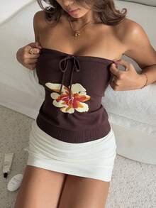 Livesso 女士碎花扭结前襟休闲抹胸上衣 - 棕色 - 查看 6