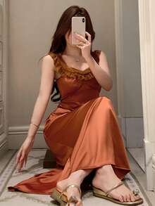 DAZY 女士优雅缎面蕾丝拼接荷叶边长款睡裙，夏季 - 珊瑚橙 - 查看 8