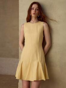 MOTF PREMIUM WOMEN'S LINEN BLEND ROUND NECK SLEEVELESS SHORT CASUAL DRESS, SPRING/SUMMER - Yellow - View 8