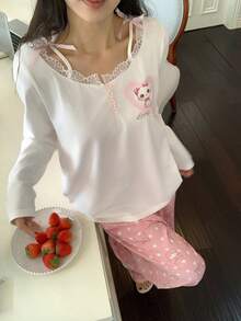 DAZY 2pcs Women Cute Cat Print Lace Patchwork Long Sleeve Top And Loose Pants Pajama Set, Spring - White - View 7