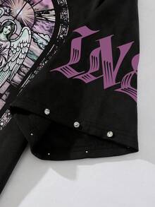 ROMWE MEN Street Life Spring/Summer Casual Graphic Men'S Rhinestone Print Loose Short T-Shirt - Black - View 3