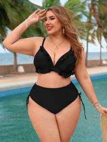 Swim Lushoire Plus Size Women's Solid Color Side Drawstring Bikini Bottom - Black - View 6