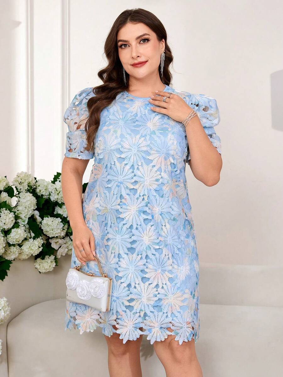 Reflora 大尺碼花卉印花泡泡袖蕾絲洋裝，優雅淺藍色夏季婚禮賓客女裝，商務休閒畢業季復活節洋裝