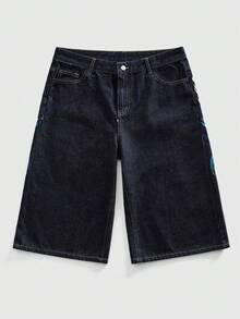 Street Life Men's Casual Fashion Street Letter Embroidery Pattern Denim Shorts,  Spring/Summer - Black - View 6