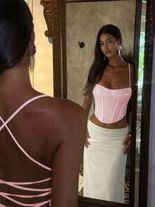 Opulessa Áo hai dây hở lưng ôm sát, màu trơn, đính hạt cườm, thích hợp cho kỳ nghỉ xuân/hè. - Màu Hồng baby - Xem 7