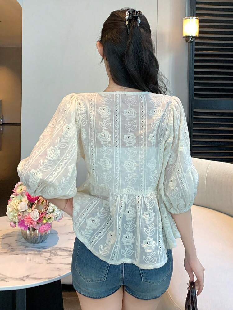 Women's Textured Jacquard Contrast Bow Tie Petal Sleeve Round Neck Fitted Casual Vacation Summer Blouse