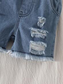 SHEIN Playful Pals 2pcs/Set Baby Girls' Spaghetti Strap Ruffle Top + Denim Shorts, Summer - Pink - View 5