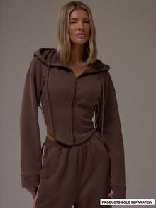 MUSERA Balloon Sleeve Contrast Pipping Cinched Waist Hooded Sweatshirt Casual, Airport, Loungewear, Back To School, Lounge Winter Spring Summer Vacation - Brown - View 1