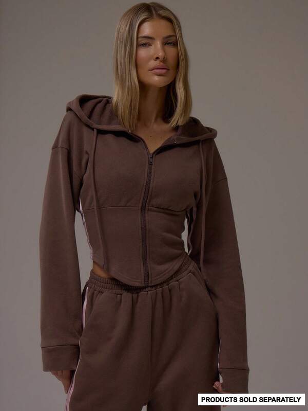 MUSERA Balloon Sleeve Contrast Pipping Cinched Waist Hooded Sweatshirt Casual, Airport, Loungewear, Back To School, Lounge Winter Spring Summer Vacation