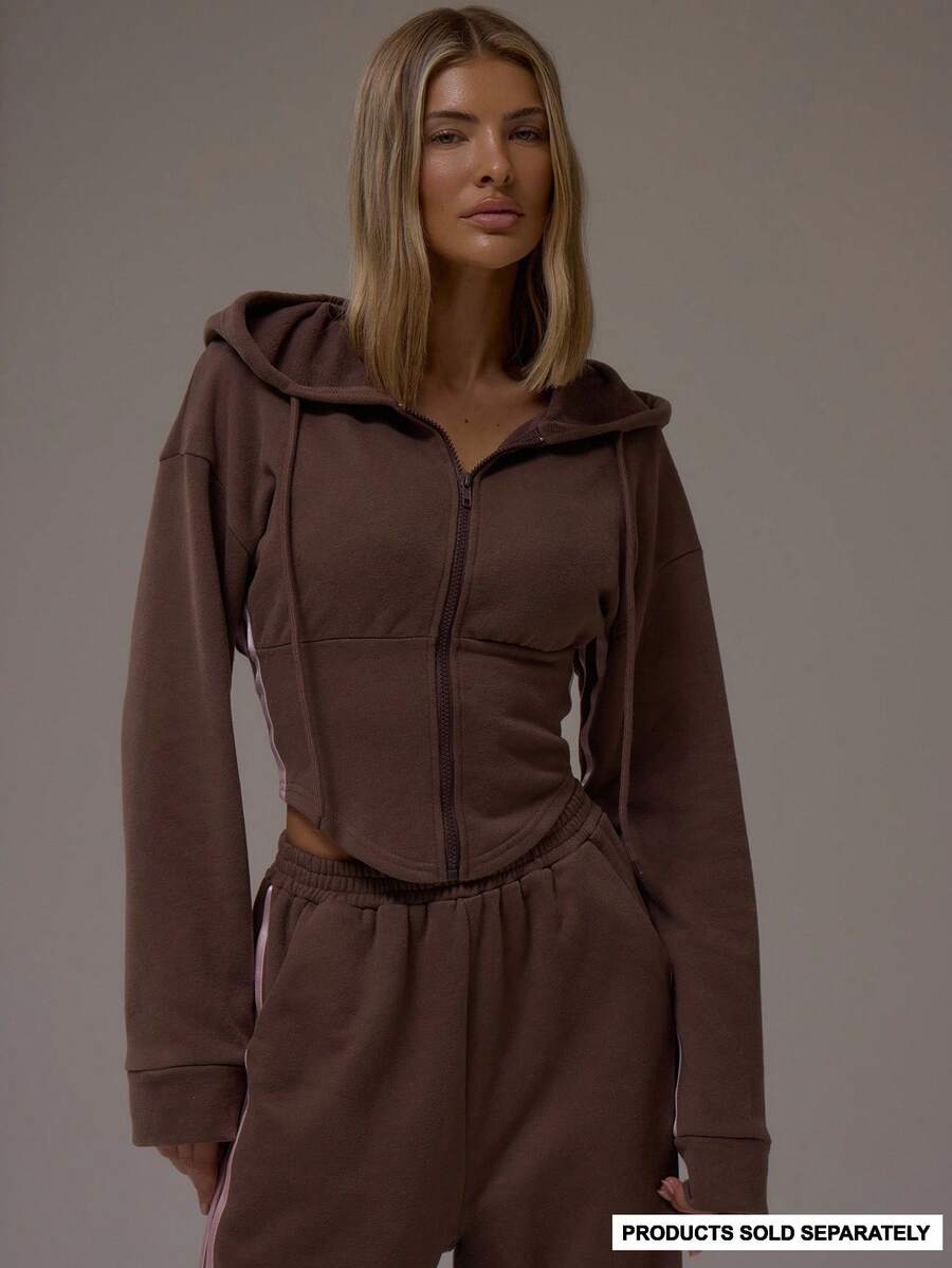 MUSERA Balloon Sleeve Contrast Pipping Cinched Waist Hooded Sweatshirt Casual, Airport, Loungewear, Back To School, Lounge Winter Spring Summer Vacation - Brown - View 1