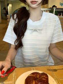 DAZY Women's Sweet White Bow Ruffle Striped Loose T-Shirt, Gorgeous Summer Top With Exquisite Design - White - View 8