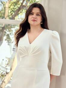 MOTF PREMIUM PLUS SIZE ELEGANT PUFF SLEEVE MIDI DRESS WITH FRONT PLEATS, ROMANTIC WEDDING GUEST DRESS - White - View 6