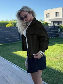 Jeta Ari 秋冬款落肩翻盖纽扣前襟大衣 - 黑色 - 查看 5