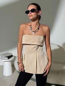 Lavishia 简约无肩带A字型上衣，时尚百搭 - 杏色 - 查看 5