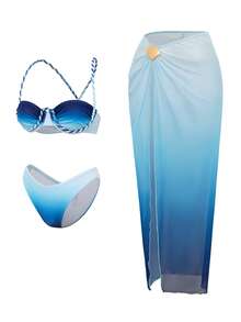 Swim SXY Women's Summer Tight Vacation Gradient Print Leisure Braided Rope Beach Mesh Skirt 3 PiecesSwimsuit - Blue - View 4