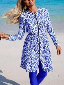 Swim Shayni 女士蓝色中式印花布基尼两件套，带可拆卸外套，适合海滩度假 - 淺藍色 - 查看 1