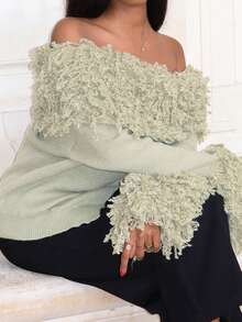 Mima John Autumn/Winter New Distressed Off-Shoulder Fringe Sweater For Women,Christmas Sweater - Green - View 3