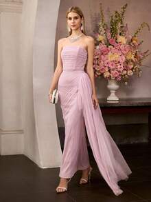 MOTF Soiréza WOMEN'S STRAPLESS PLEATED MESH LONG DRESS - Mauve Purple - View 5