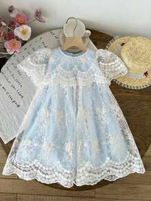 LMoss Kids Vestido casual de malha bordada com gola redonda e cor sólida para menina. - Baby Azul - Ver 4