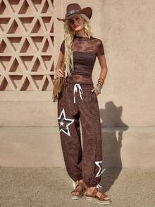 Wildy 波西米亚风休闲美式西部复古刺绣做旧女式日常基本款长裤，带口袋，适合春夏通勤 - 彩色 - 查看 4