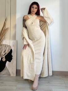Bearsaez Elegant Solid Color Cross Neck Minimalist Niche Design Casual Knit Set, Bodycon Halter Neck Dress, Solid Color Long Minimalist Vintage Style Cardigan, Suitable For Commuting And Outings, Christmas - Apricot - View 6