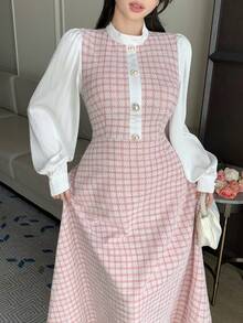 DAZY 春夏粉色格子两件套衬衫裙，优雅百搭，适合情人节、婚礼、派对、时尚活动等场合，修身剪裁，中长款 - 粉色 - 查看 3