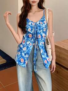 K-Vae 女士夏季印花吊带背心，系带设计，不对称下摆，修身版型 - 彩色 - 查看 1