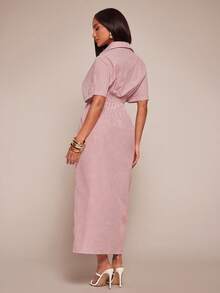 Radiana Summer Casual Chic Striped Waist Cinching Shirt Dress, Striped Dress, Long Dress, Waist Cinching Dress, Shirt Dress, Vacation Dress, Suitable For Casual Outings, Urban, Commute, Dates, Gatherings, Tea Parties, Island Getaways, Beaches, Holidays - Red and White - View 2