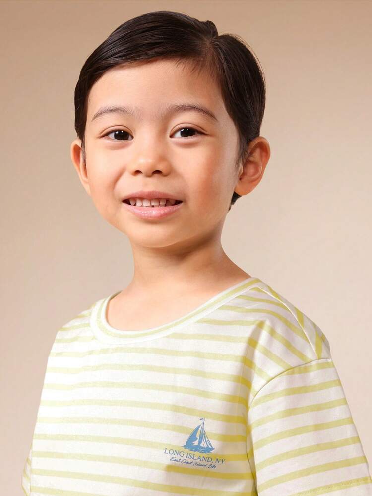 Boys Oversized Crew Neck Short Sleeve Striped T-Shirt With Hamptons Sailboat Graphic Print Summer Casual Cotton Tee