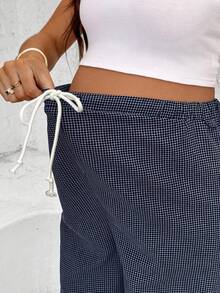 SHEIN 孕妇休闲度假通勤风抽绳腰格纹印花裤 - 寶藍色 - 查看 5