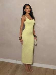 Glamine Đầm len không tay thanh lịch dành cho nữ mùa Thu/Đông, đầm len dài ôm dáng dành cho nữ. - Vàng nhạt - Xem 5