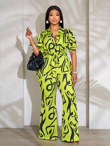 SOLERSUN Ensemble casual grande taille avec Top à manches courtes et pantalon imprimés tout-sur-tout avec ceinture - Vert - Voir 3