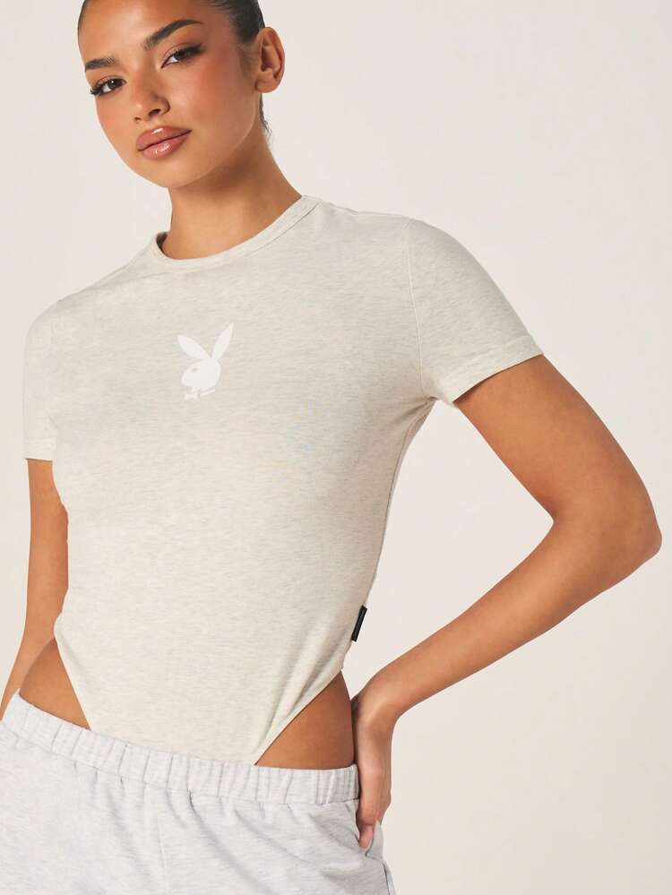 Missguided x Playboy Short Sleeve Fitted Crop Bodysuit With Bunny Logo Print Casual Streetwear Jersey Top