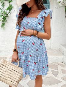 SHEIN Đầm bầu mùa hè in hình quả anh đào, kẻ caro, viền bèo nhún, cổ vuông, tay ngắn. - Xanh và trắng - Xem 4