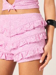 MISSGUIDED 女士亮粉色蕾丝荷叶边短裤，蝴蝶结装饰，迷你长度，高腰，层叠设计，性感夏季时尚热裤 - 粉色 - 查看 4