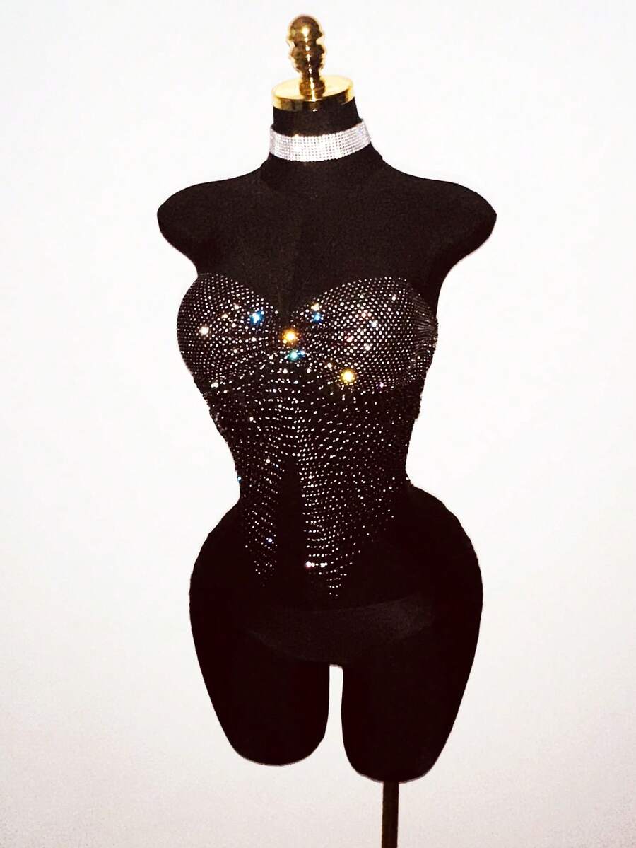 EgrlEra Tall Tirantes de mujer con strass y malla, sexy y brillante, adecuado para fiestas y vacaciones - Negro - Ver 1