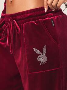 Missguided x Playboy Luxurious Burgundy Velvet Wide Leg Sweatpants With Drawstring Waist And Rhinestone Text Detail For Casual Comfort And Loungewear - Burgundy - View 5