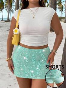 GalTyme 大码女式亮片装饰百搭约会之夜半身裙裤 - 綠色 - 查看 3