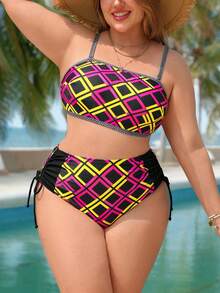 Swim Lushoire Plus Size Women's Printed Bandeau Detachable Strap Bikini Set, 2 Pieces Swimwear For Beach, Pool, Party - Multicolor - View 4