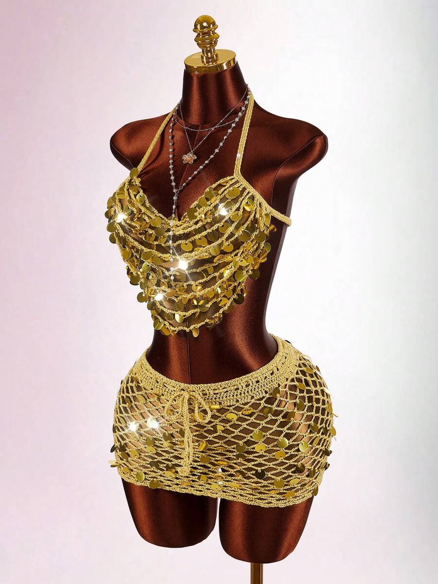 Amplova Women's Halter Backless Sequin Tassel Crop Top And Sequin Embroidered Gold Mini Skirt Set - Gold - View 1