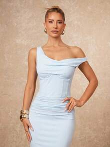 Lumalex 简约复古闪亮假日派对感恩节装扮狂欢节郊游游泳度假波西米亚风海滩热门户外层次丰富的婚礼季宴会成人礼海滩海边女士纯色浅蓝色不对称领口内置胸垫收腰连衣裙单肩连衣裙长款紧身连衣裙优雅连衣裙,秋季婚礼宾客连衣裙,夏季连衣裙,优雅连衣裙 - 淺藍色 - 查看 2