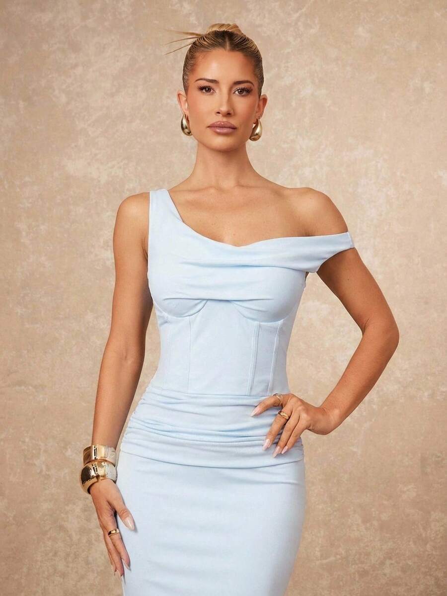 Lumalex 简约复古闪亮假日派对感恩节装扮狂欢节郊游游泳度假波西米亚风海滩热门户外层次丰富的婚礼季宴会成人礼海滩海边女士纯色浅蓝色不对称领口内置胸垫收腰连衣裙单肩连衣裙长款紧身连衣裙优雅连衣裙，秋季婚礼宾客连衣裙，夏季连衣裙，优雅连衣裙