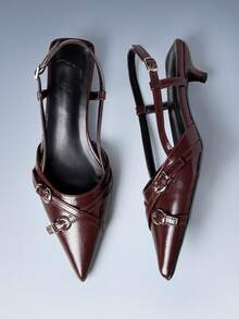 CUCCOO GRLICON Giày mule mũi nhọn bằng da bóng màu đen, quai chéo kim loại, gót thấp, kiểu dáng thập niên 2000, thời trang Y2K, thích hợp cho mùa xuân/hè, mùa nghỉ lễ. - màu nâu - Xem 5