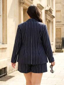 ELLERISSA Curve Elegant Blazer And Short Co-Ord For Women,Navy Blue Stripe Two Piece Outfit,Plus Size Smart Casual Autumn Office Set,Aniversário - Navy Blue - View 2