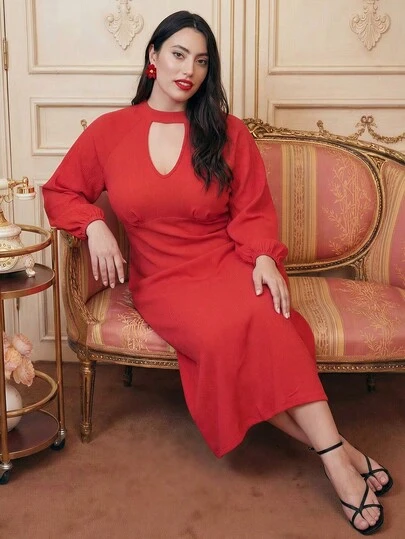  ELLERISSA Plus Size Valentines Date Red Midi Women Dress, Party Dress With Sexy Collar, Elegant Lady Evening Dress, Formal Occasion Dress For Events, Burgundy Women Dresses For Valentine Day, Long Sleeve Dress For Autumn And Winter