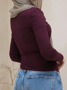 DAZY Women's Solid Color Draped Neck Drawstring Side Long Sleeve Casual T-Shirt For Spring And Autumn - Burgundy - View 5