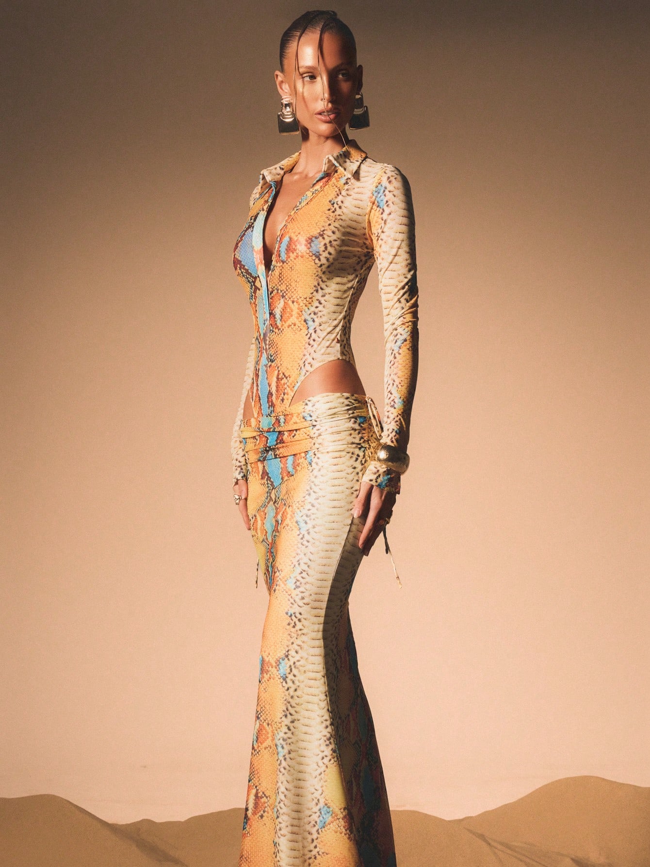 KIZN Snake Print Mesh Deep V Bodysuit