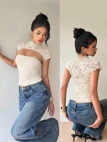 Siren Gaze Women's Lace Patchwork Hollow Out Blouse, Summer - Apricot - View 9