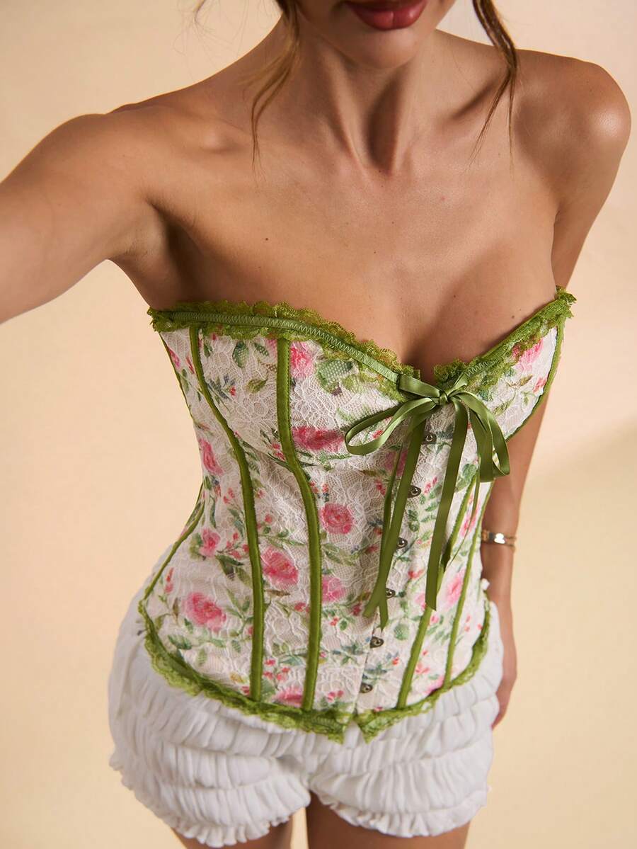 SHEIN BAE Áo corset không dây vai bằng ren jacquard in hoa thanh lịch và gợi cảm dành cho nữ mùa xuân/hè, phối màu độc đáo, thích hợp cho hẹn hò, dã ngoại, tiệc tùng và nhiều dịp khác. - Nhiều màu - Xem 1